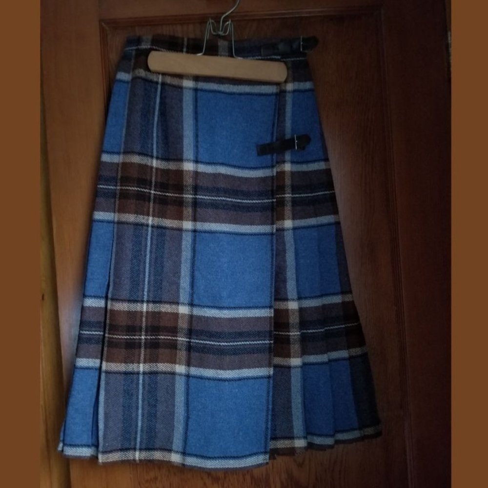 Vintage, plaid, kilt skirt, mid-calf, wool blend, blue, browns, Dorethy Perkins